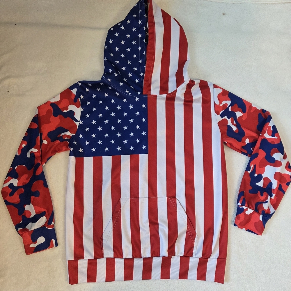 Boy's Hoodie American Flag with Patriotic Color Camouflaged Sleeves, Sz LG